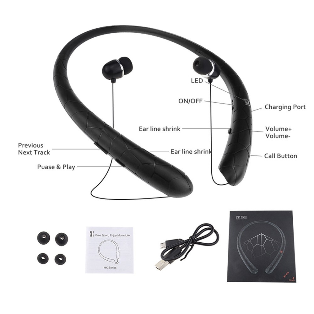 Bluetooth Neckband Headset Noise Cancelling Retractable Earbuds Wireless Speaker