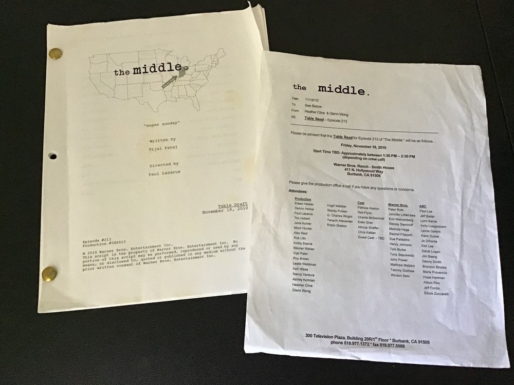 The Middle. Ep. 02.13 Table Draft Script and Table Read Call Sheet WB Television
