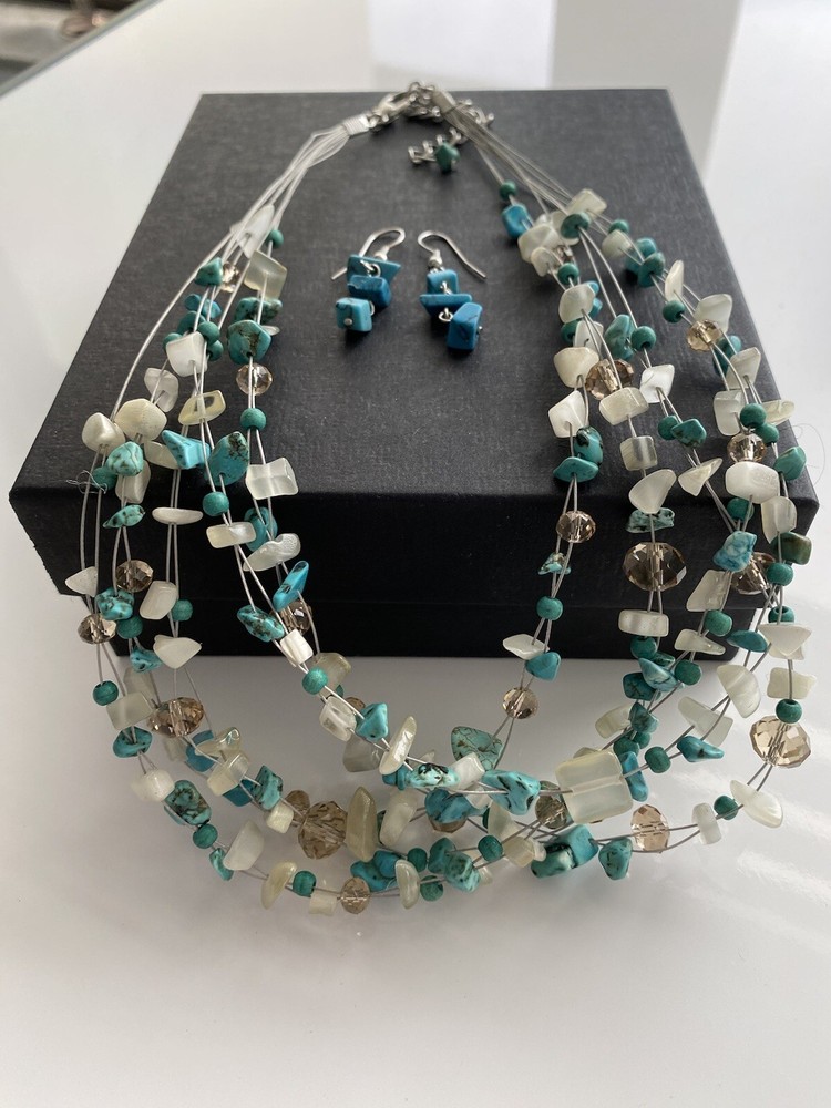 Multi string necklace and earrings. Turquoise and white. 17”