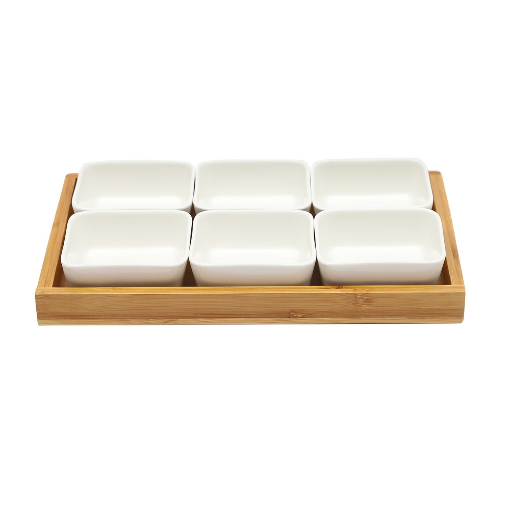 Ceramic Snack Serving Tray Set with Bamboo Lids - 6 Piece Platter