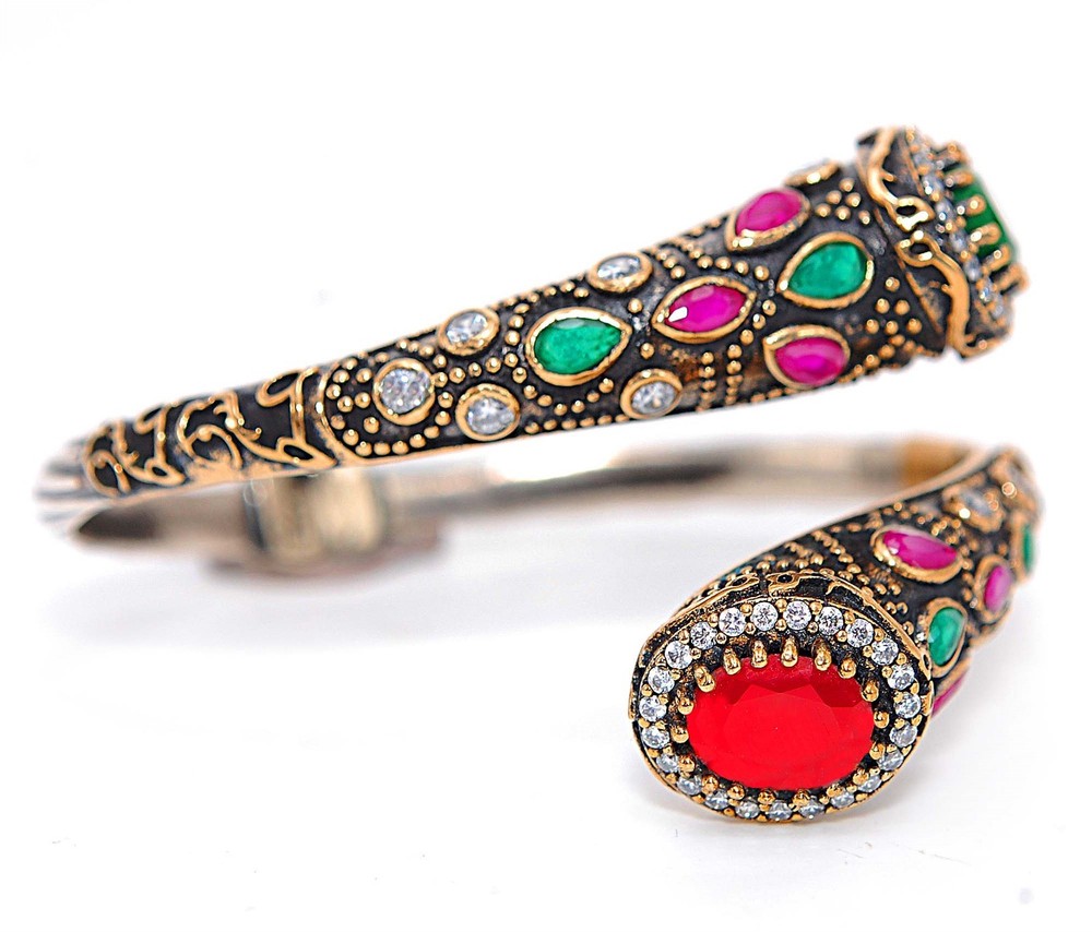 Ottoman Empire Style 10CT Treated Ruby 925 Sterling Silver Bracelet