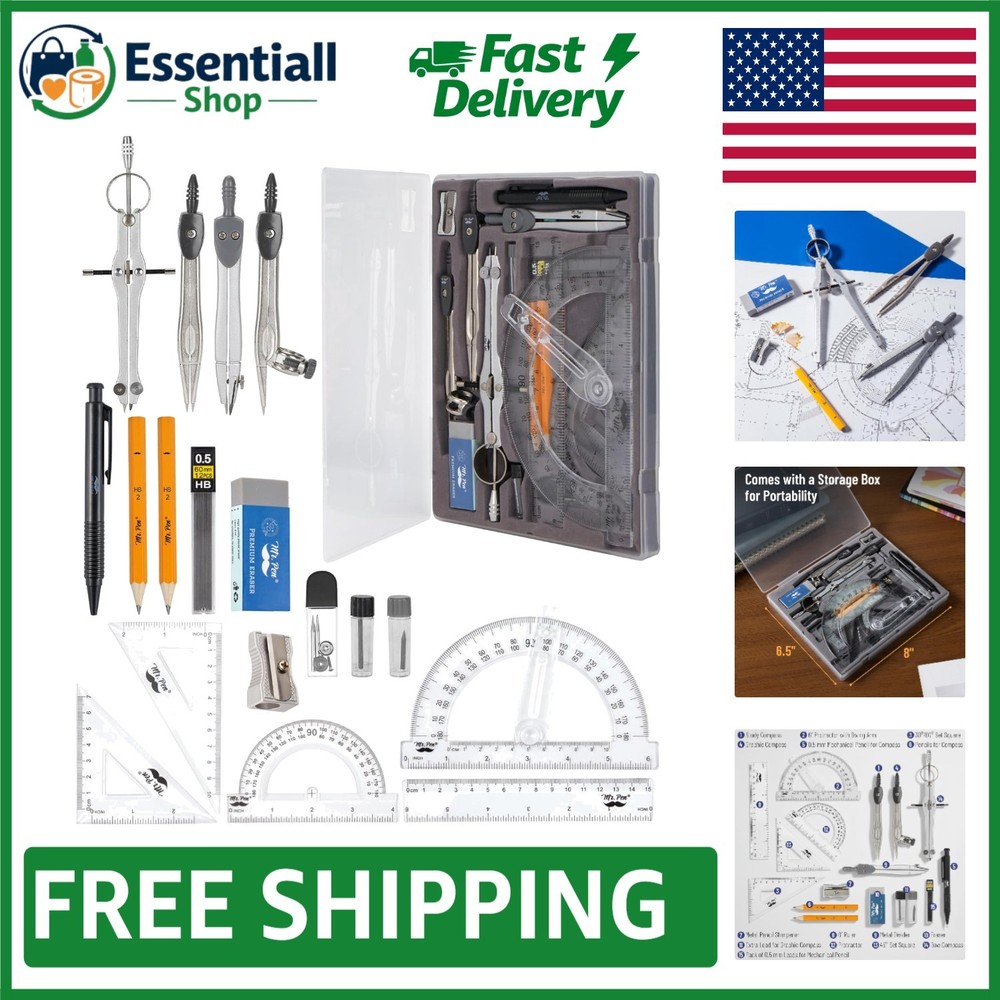 Classic Slate Geometry Set - 15 Essential Pieces Including Protractor & Divider