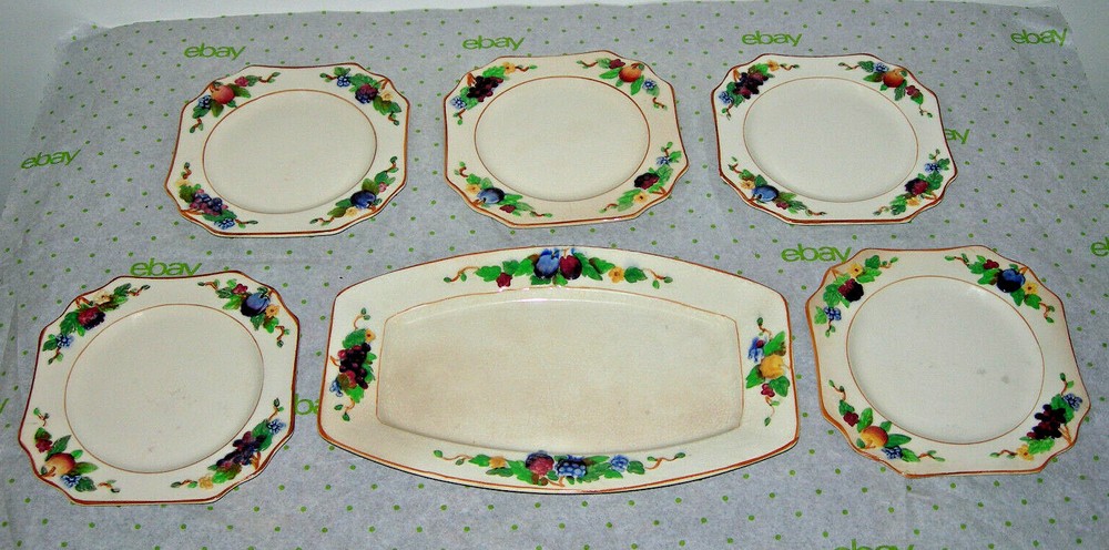 5 Sandwich Plates & Serving Tray Devon Ware Fieldings Fruit & Flower Relief