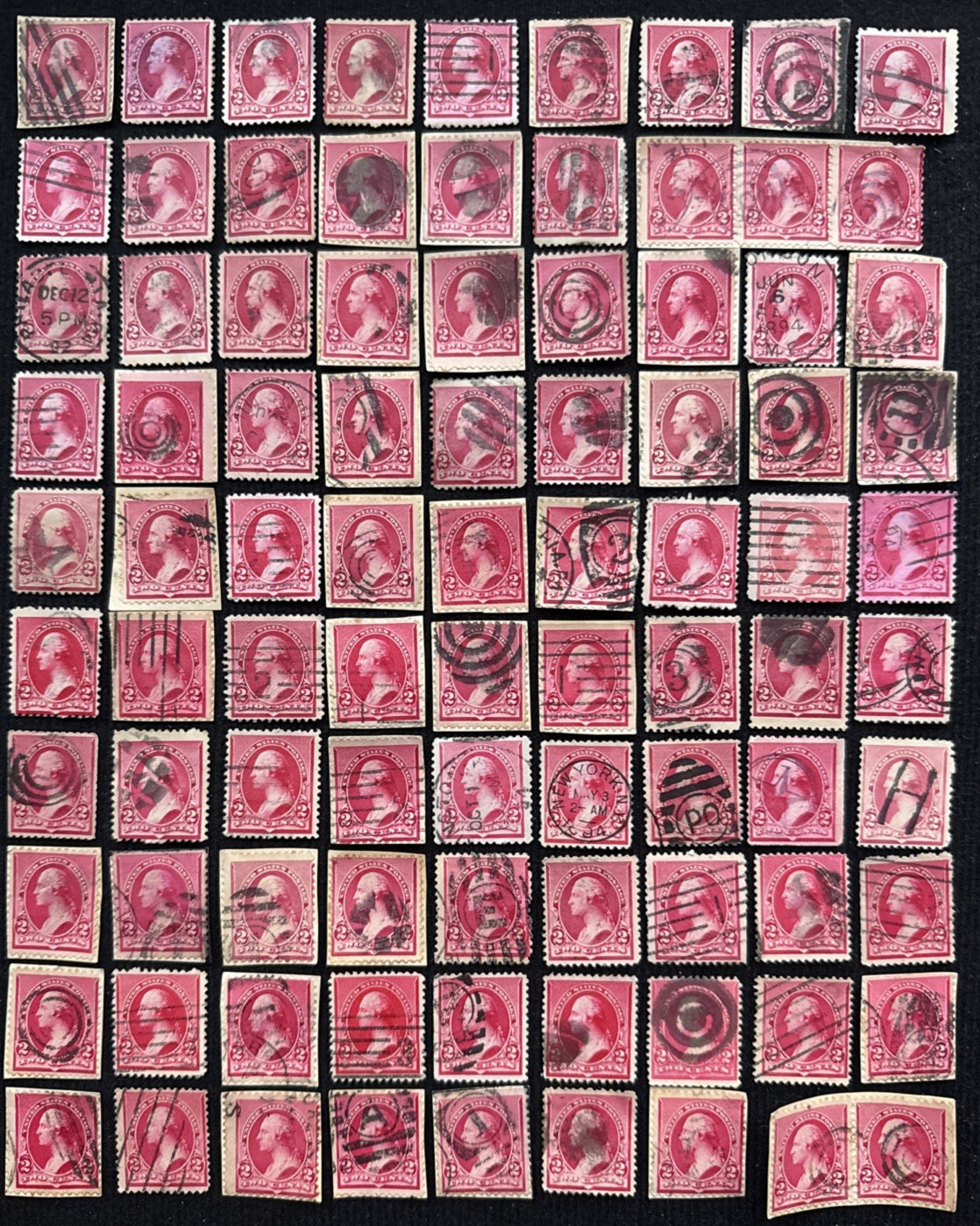 1890-93 US 10 Random 2c Washington Stamps W/Fancy Cancel Used, SC#220 (CV $7)