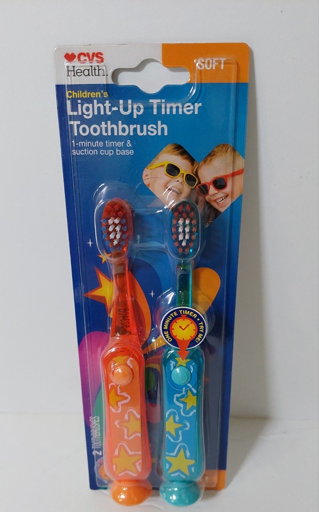 2 CVS Children's Light-Up Timer Toothbrush Soft 1-Minute Timer& Suction Cup Base
