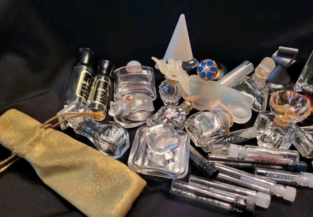 Large Lot 17 Empty Miniature Perfume Bottles and 10 Empty Sample Tubes