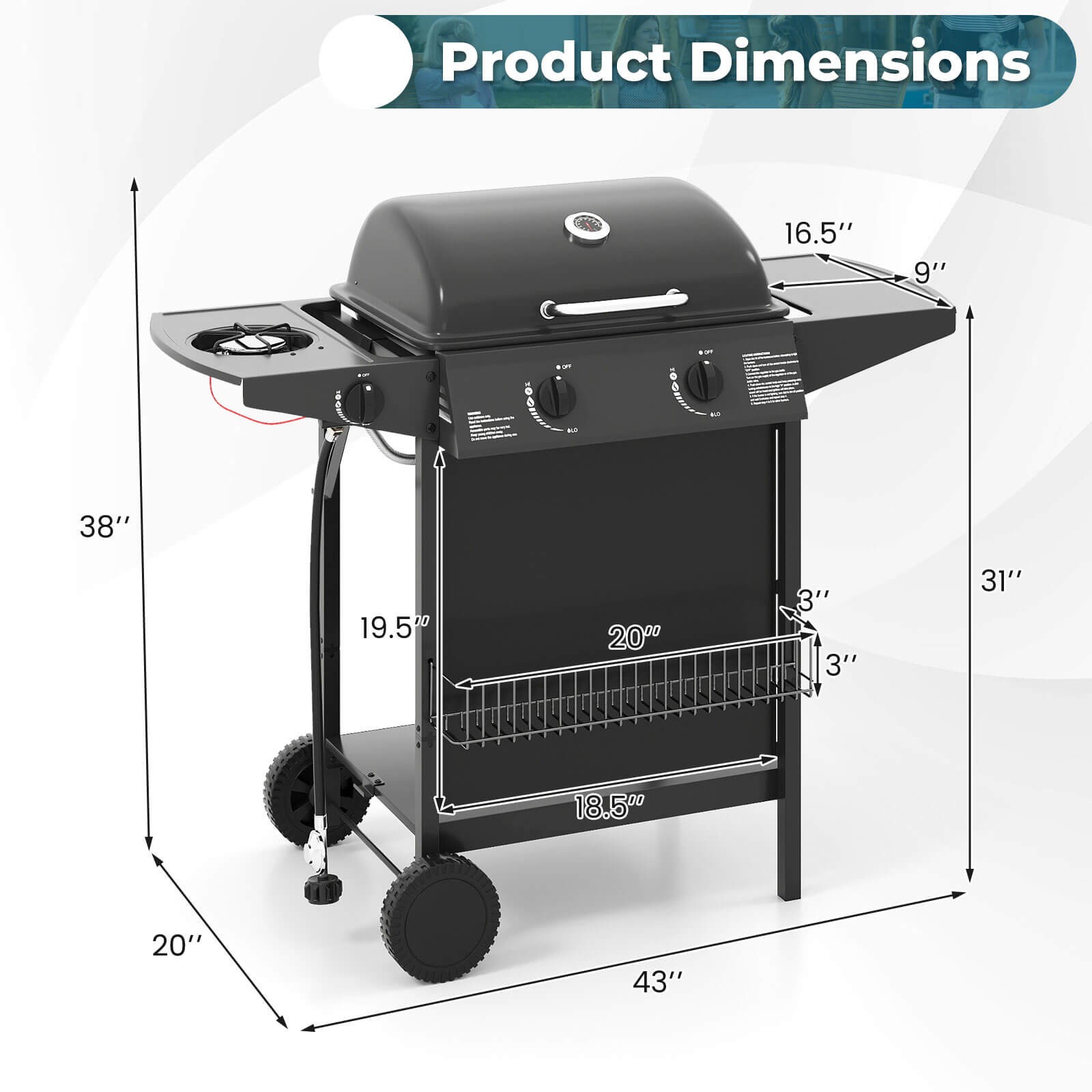 30,000 BTU Outdoor Cooking Grill w/Storage Shelves & Porcelain-Enameled Grates