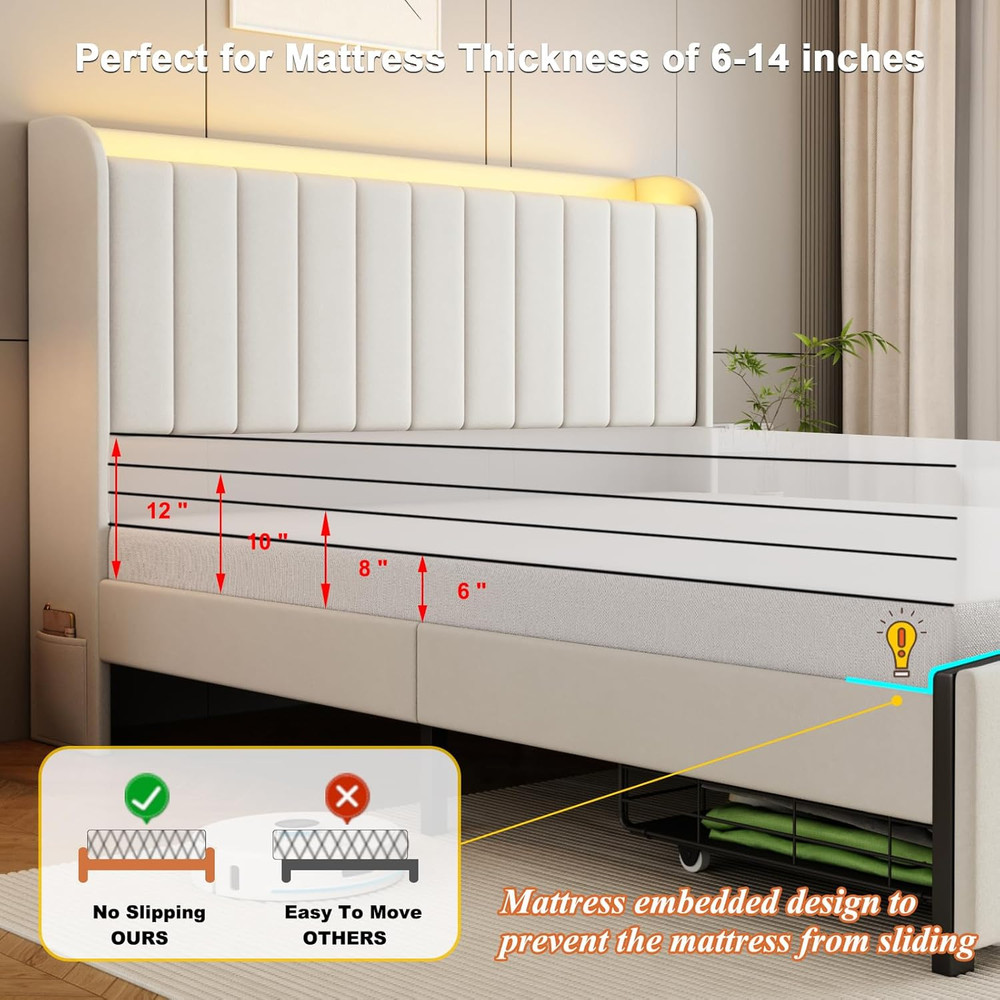 Full Size Bed Frames with Storage Headboard and 2 Drawers, Upholstered Platform