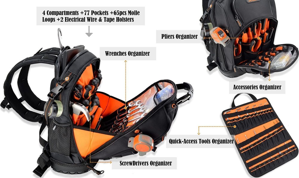 77-Pockets Tool backpack, Tool backpack for men, HVAC tool bag backpack