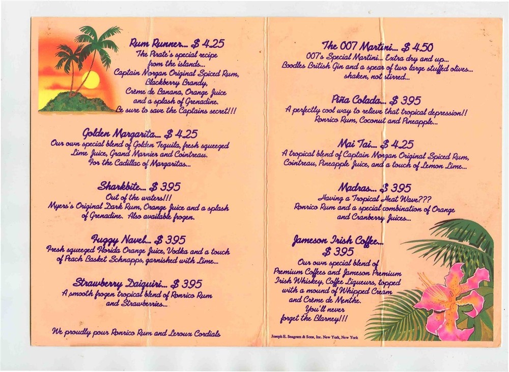 Crawdaddy's Drinks Menu Toucan Joseph E Seagram & Sons