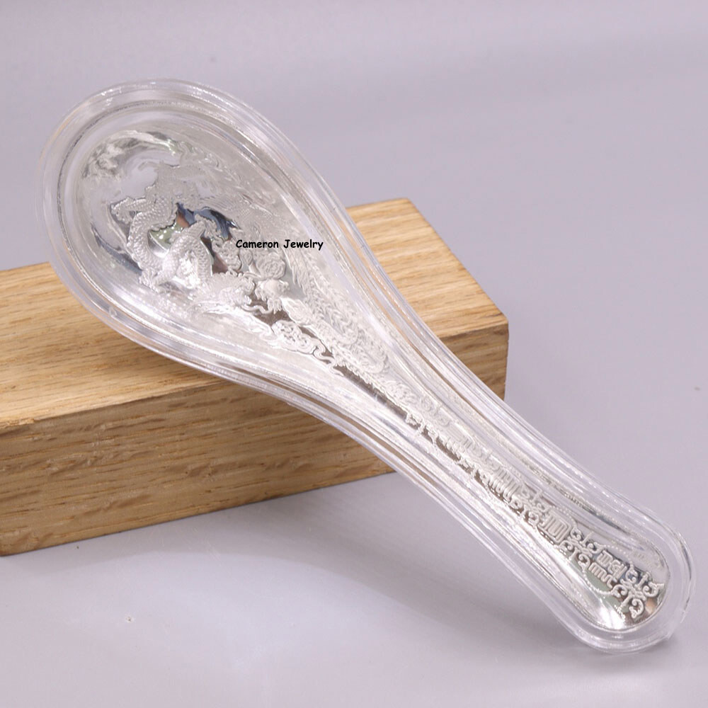 Solid S999 Fine Silver Tableware Dragon Phoenix Soup Spoon 17-18g 3.9inch