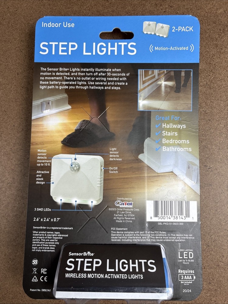 (2-Pk) Sensor Brite Peel & Stick Wireless Motion-Activated LED Step Lights