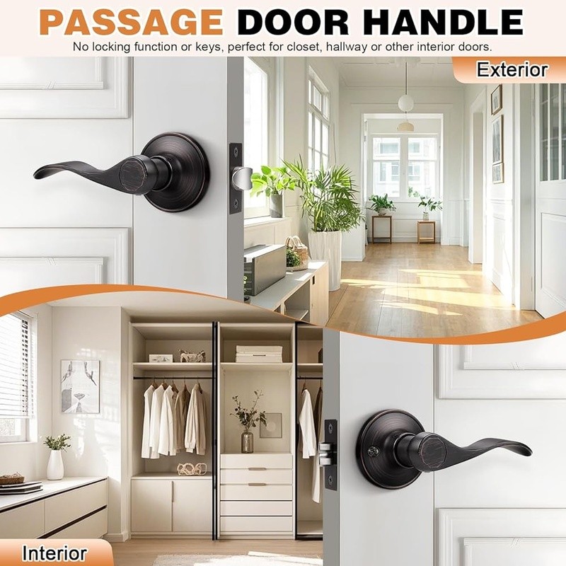 Wave Shape Passage Door Lever Keyless Handle Interior Non Locking 2 Pack New