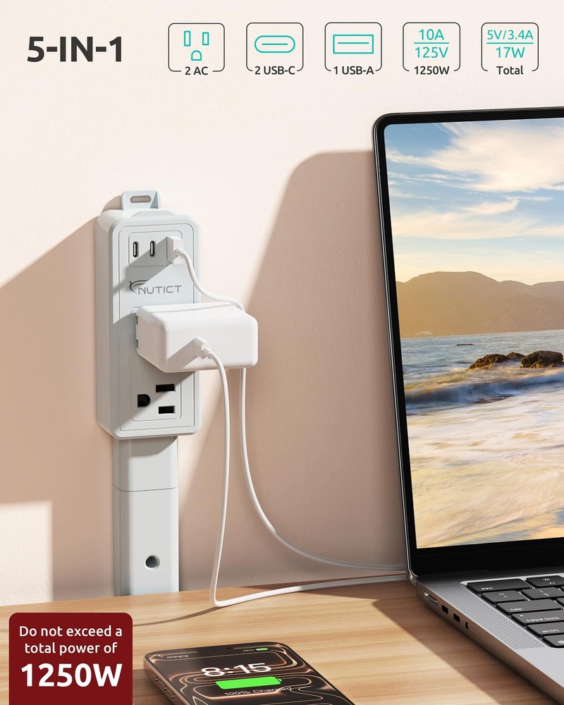 NUTICT Electrical Outlet Extender Stick, 2 AC Outlets & 2 USB-C & large, Grey