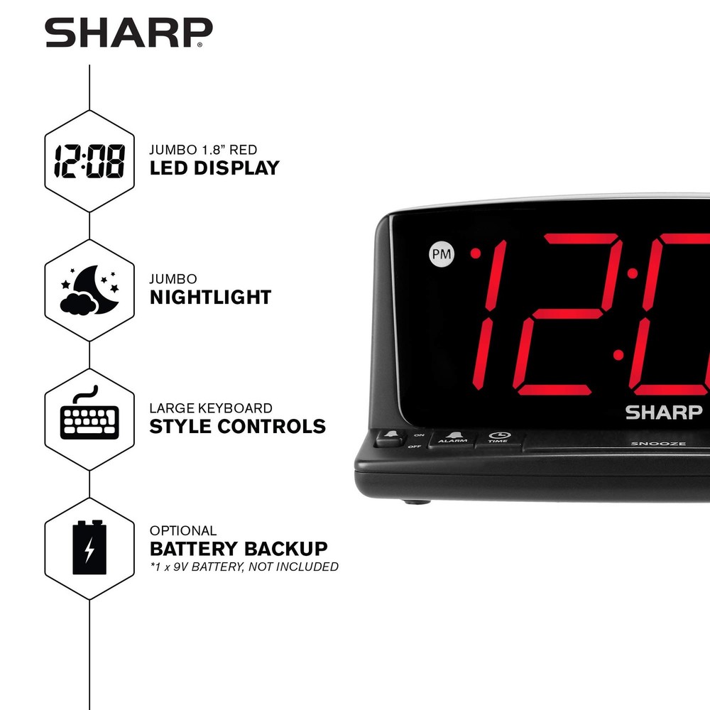 Sharp LED Digital Alarm Clock – Simple Operation - Large, Black - Red Led
