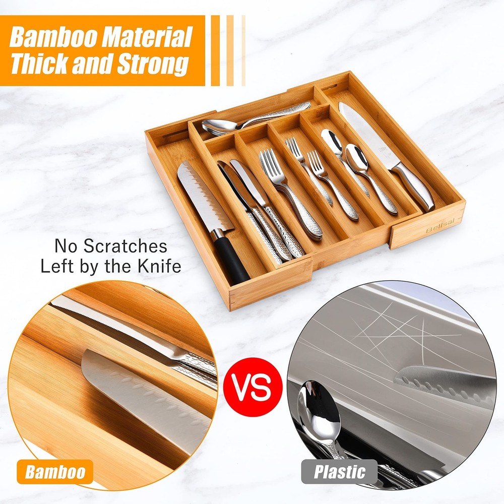 Bellsal Silverware Organizer Kitchen Drawer Organizer Expandable Bamboo Utens...