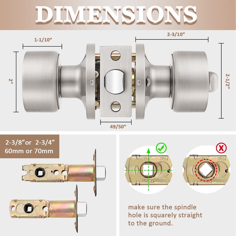 knobelite 3 Pack Satin Nickel Door Knobs Privacy Function Keyless Locks Inter...