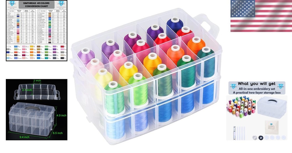 40-Color Polyester Thread Set in 2-Layer Organizer with Essential Tools