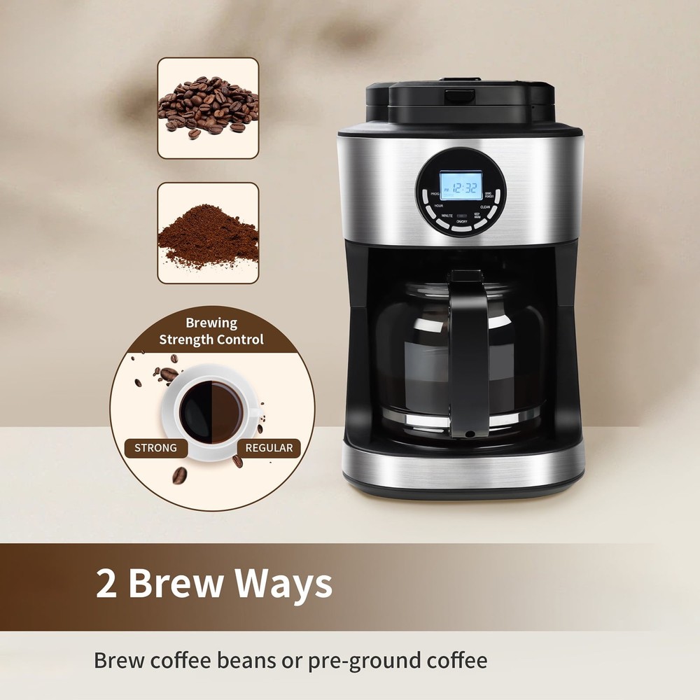 Coffee Maker with Grinder 12 Cups, Programmable Grind and Brew Coffee