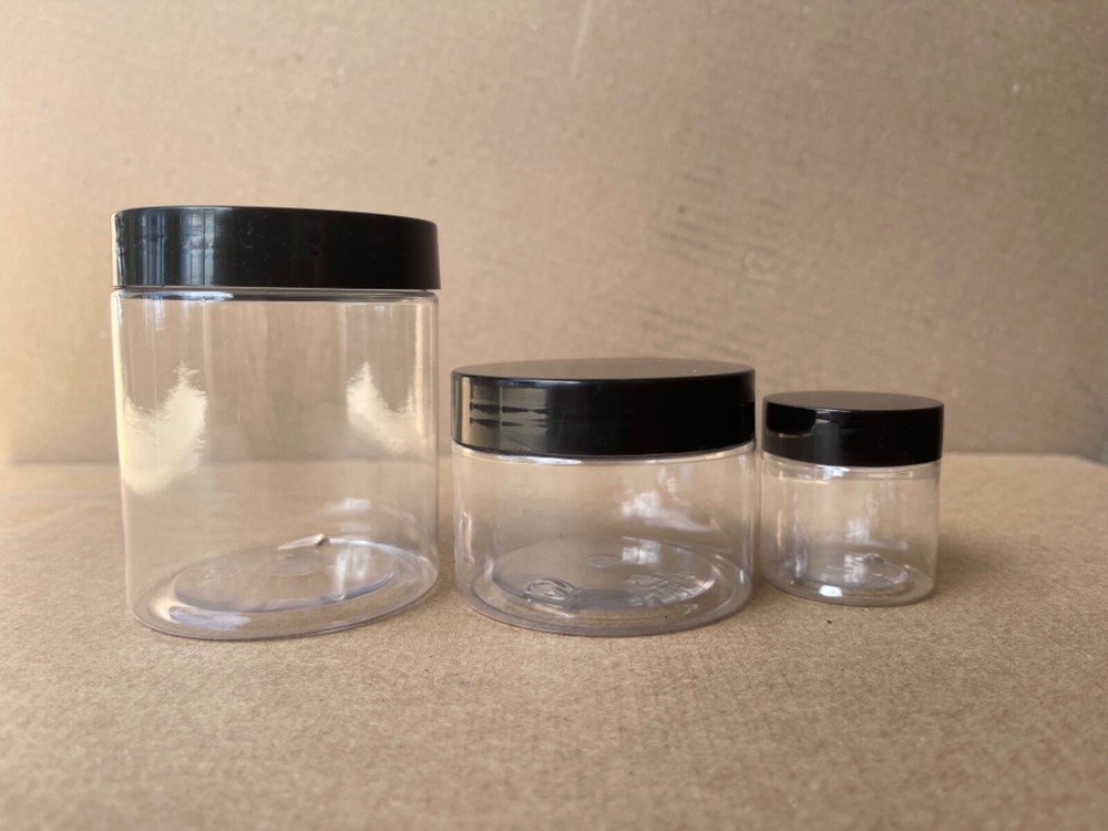 12 count PET short 4 oz plastic jars with black smooth lids