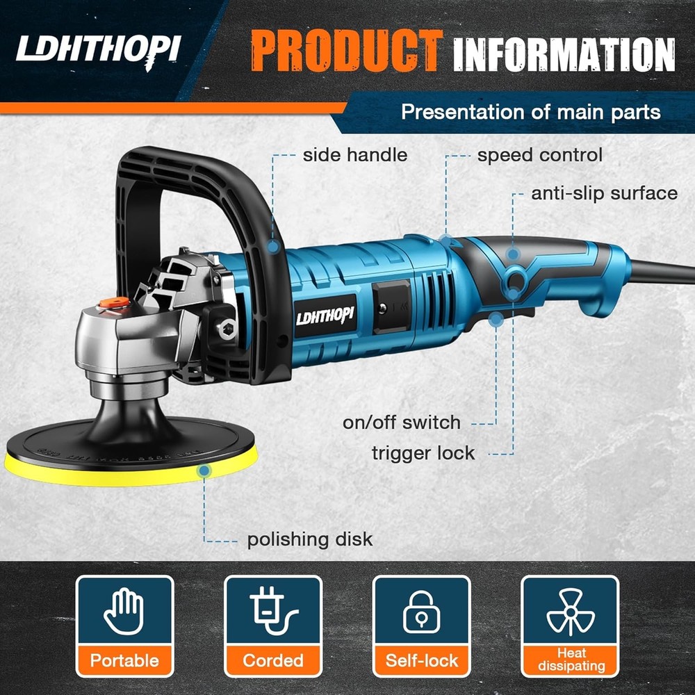 Buffer Polisher, 1600W 7 Inch/6 Inch Rotary Buffer Polisher Waxer, 7 Variable