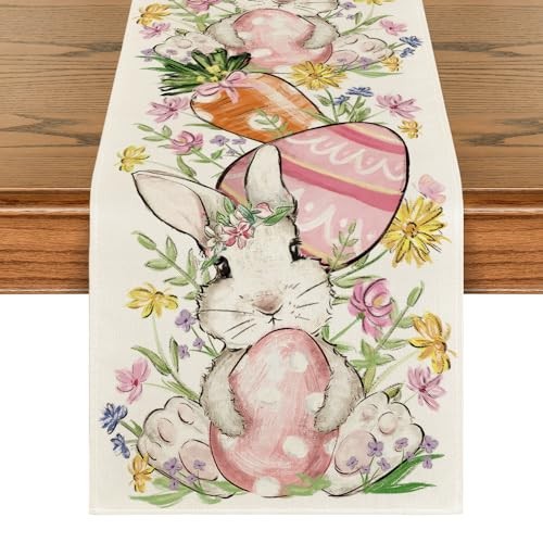 Bunny Rabbit Egg Flower Easter Table Runner, 13" x 72", Table Runner Beige