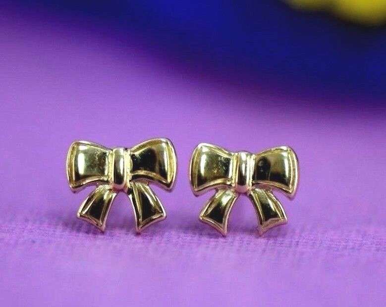 14k solid white yellow gold bow tie stud earrings cz
