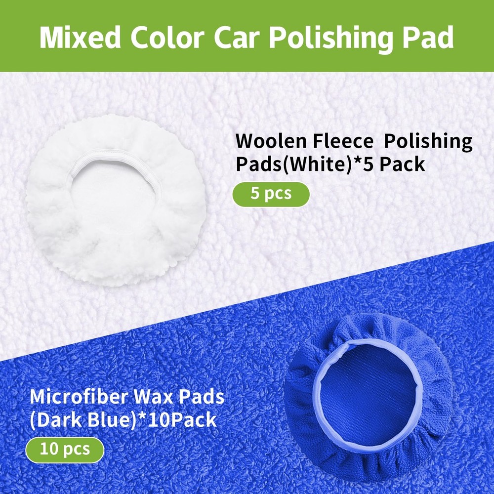 15 Pack Car Polishing Pads Microfiber & Wool Buffing Pads for MultiSurface