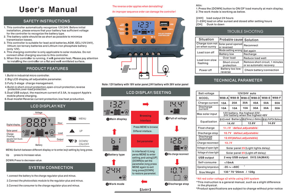 30A Solar Panel Battery Charge Controller 12V/24V LCD Regulator Auto Dual USB