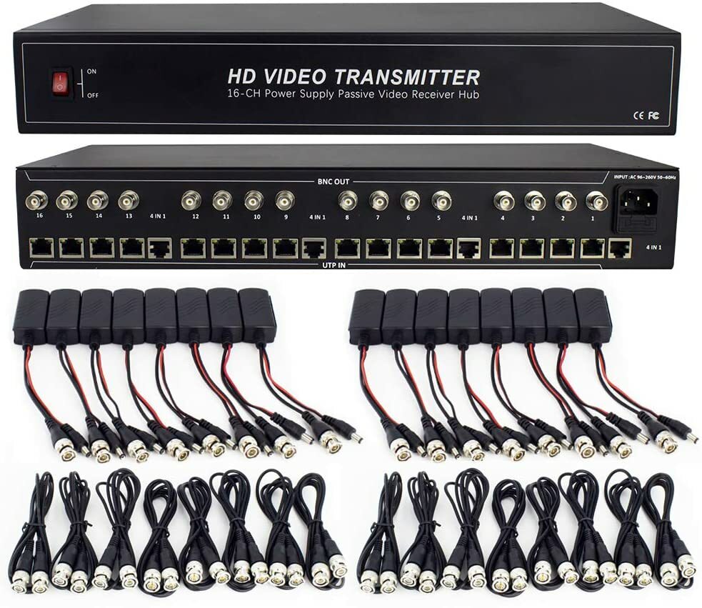 Kit of 16 Channel Video Balun Power Supply Passive Video Receiver Hub