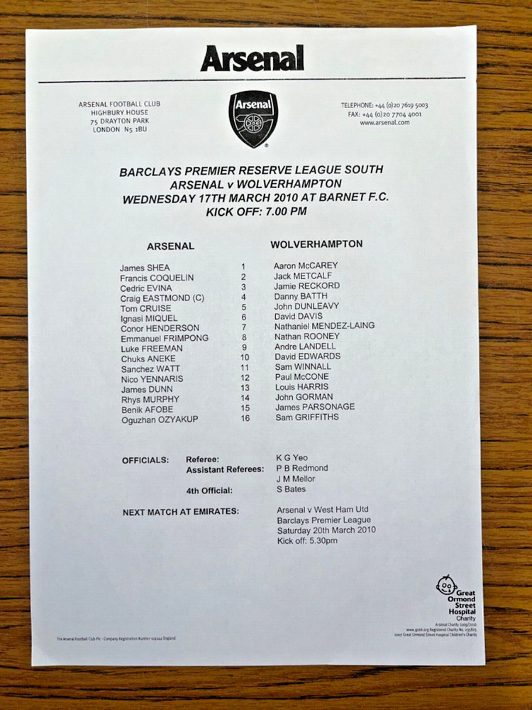 Arsenal vs Wolverhampton FC Matchday  Programme/Teamsheet, 17/3/2010