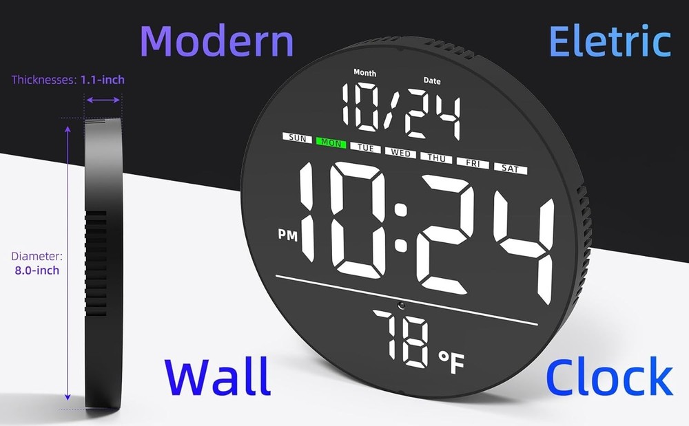 Digital LED Wall Clock w/ Large Display, Date, Temp, Auto-Brightness - 80 Charac