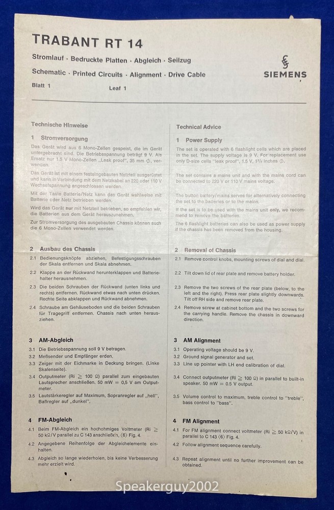 Original Siemens Trabant RT14 Service Manual