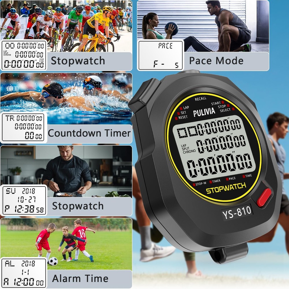 PULIVIA Sports Stopwatch Timer 10 Lap Split Memory 8-10 lap/split, Black