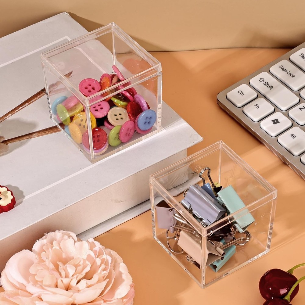 Small Acrylic Box Clear, 2Pcs Plastic Square Cube Containers with Lid Storage...