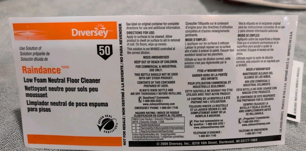Diversey Raindance Bottle Labels 2 Pack - LABELS ONLY