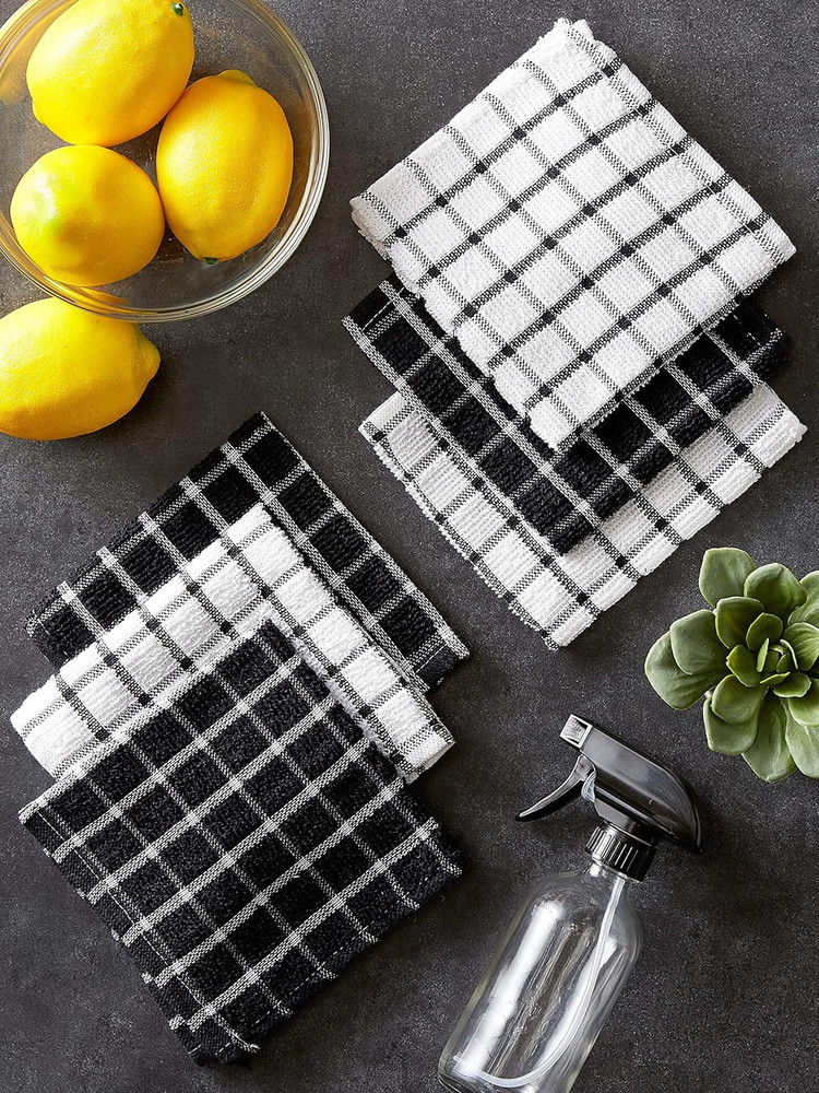 Basic Terry Collection Windowpane Dishcloth Set, 12X12, Black, 6 Piece