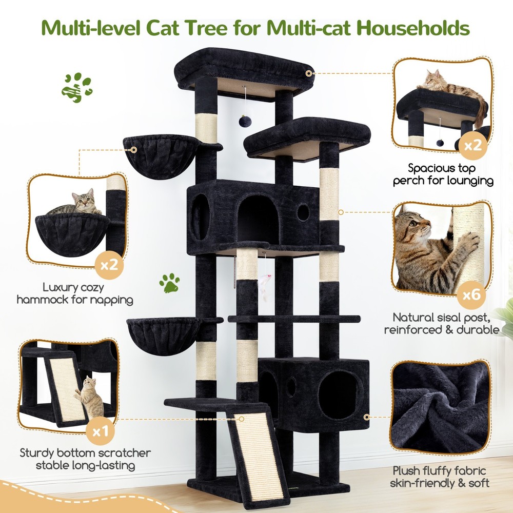 77" Cat Tree for Large Cats, Multi-Level Tower with Scratching Board & Stable Ba