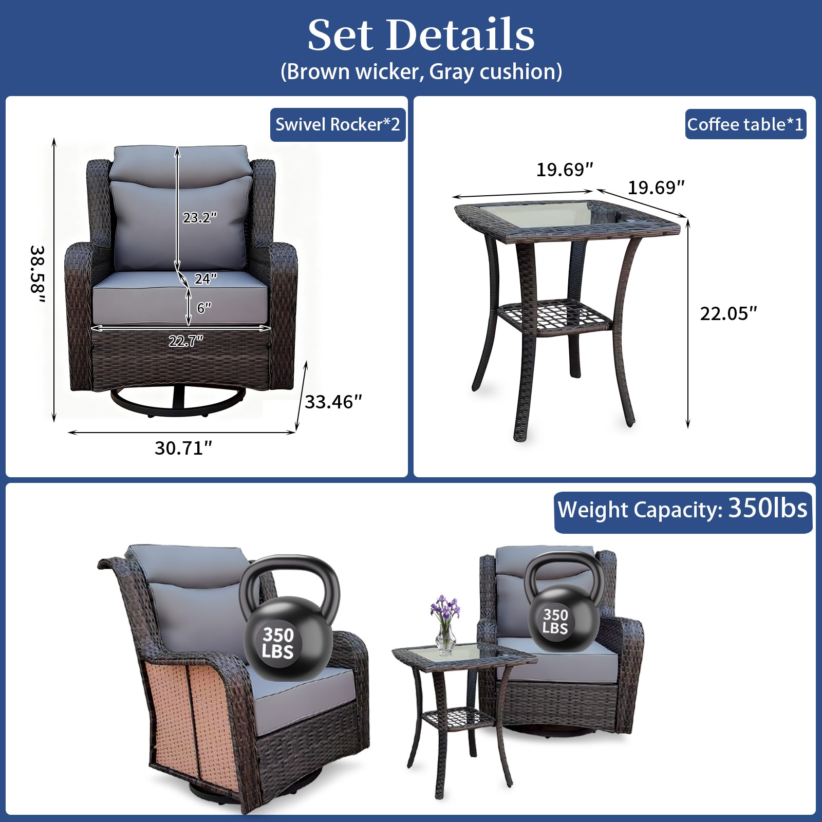 3PCS Wicker Patio 360° Swivel Rocker, Outdoor Swivel Rocking Chair Set w/ Table