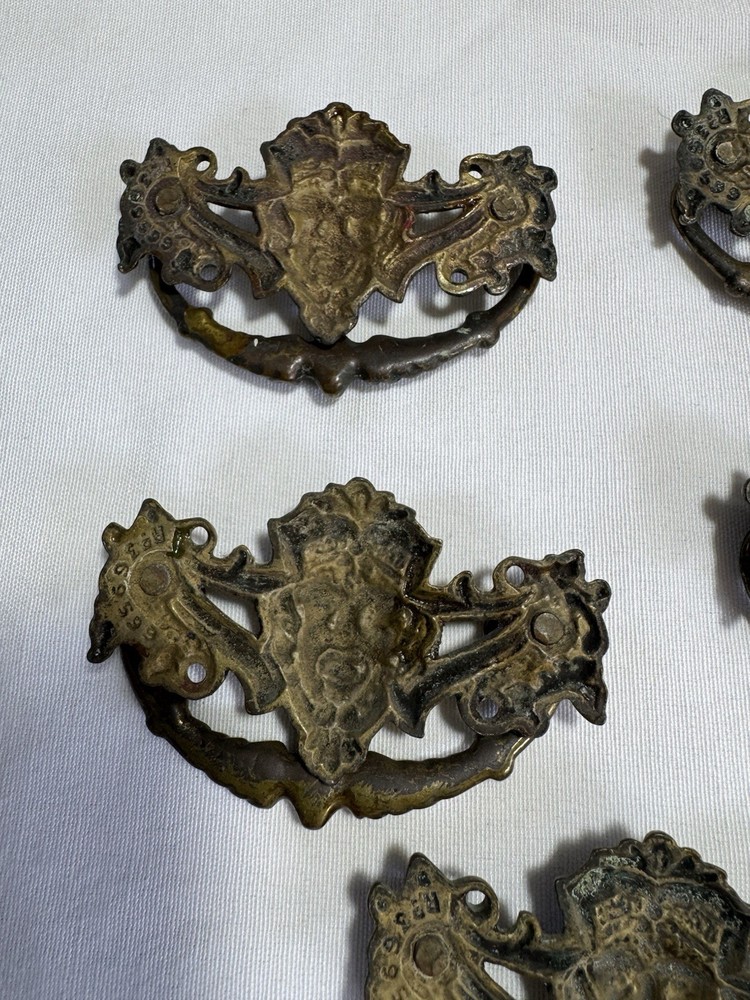 10 Rare Gothic Victorian Devil Face Brass Bail Drawer Pulls (8 Large & 2 Small)