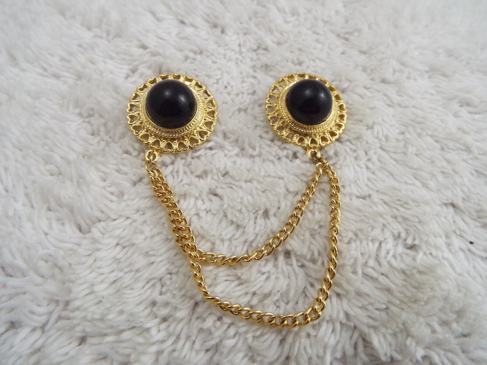 Goldtone Black Chained Double Pin (H5)