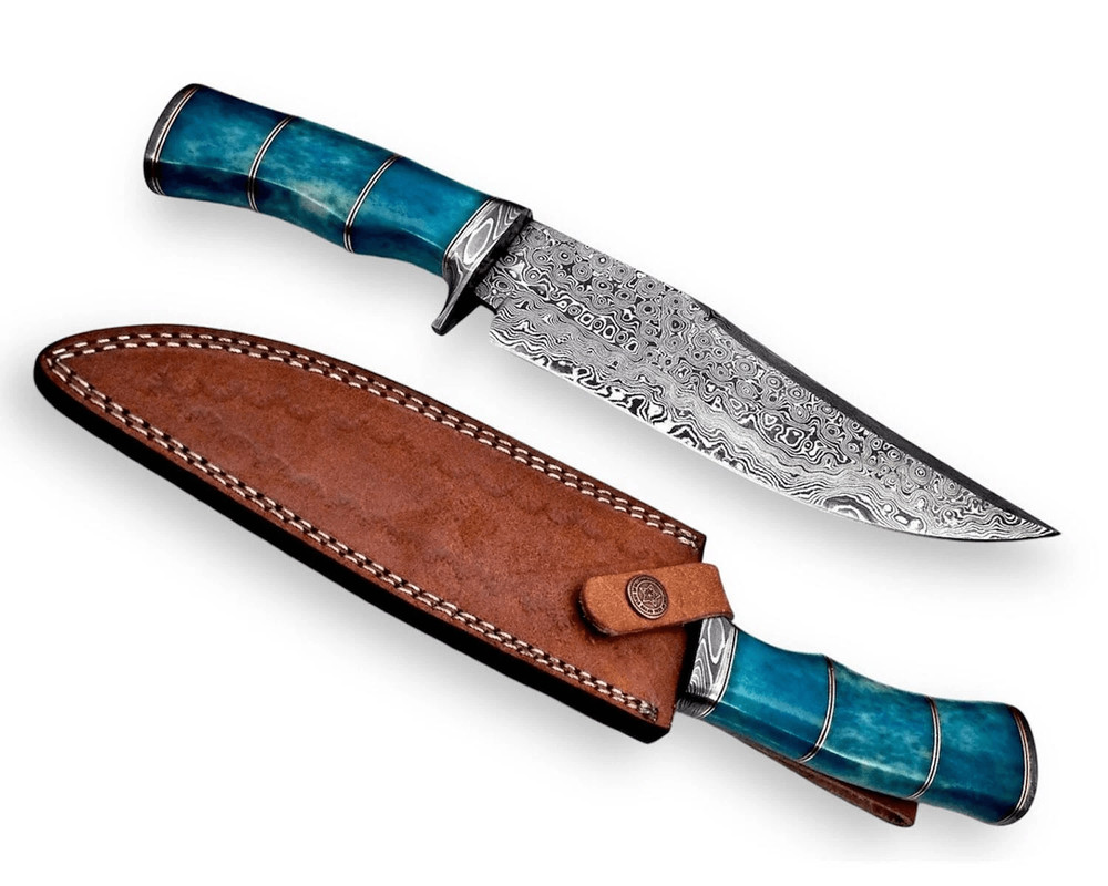 Handmade Damascus Bowie Knife Sharp Blade Camel Bone Handle With Leather Sheath