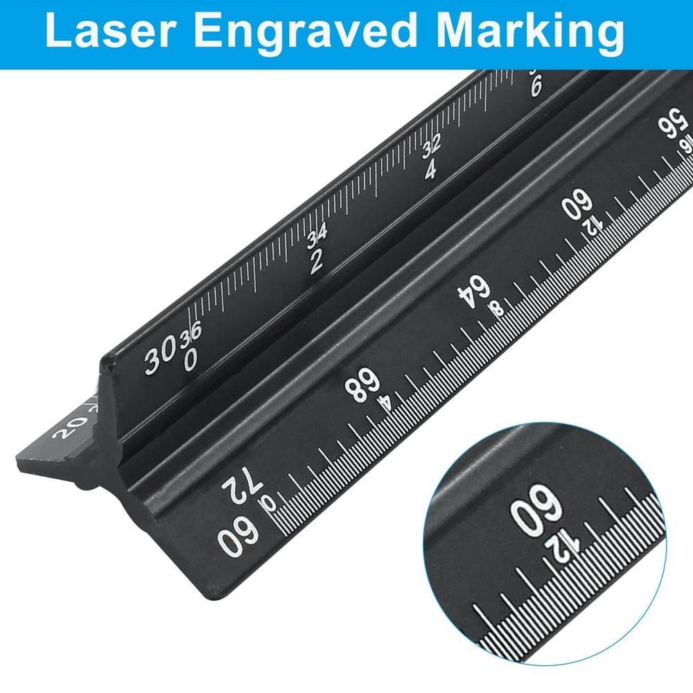 12 Inch Engineer Scale Ruler Aluminum Triangular Engineering Ruler Laser Etched