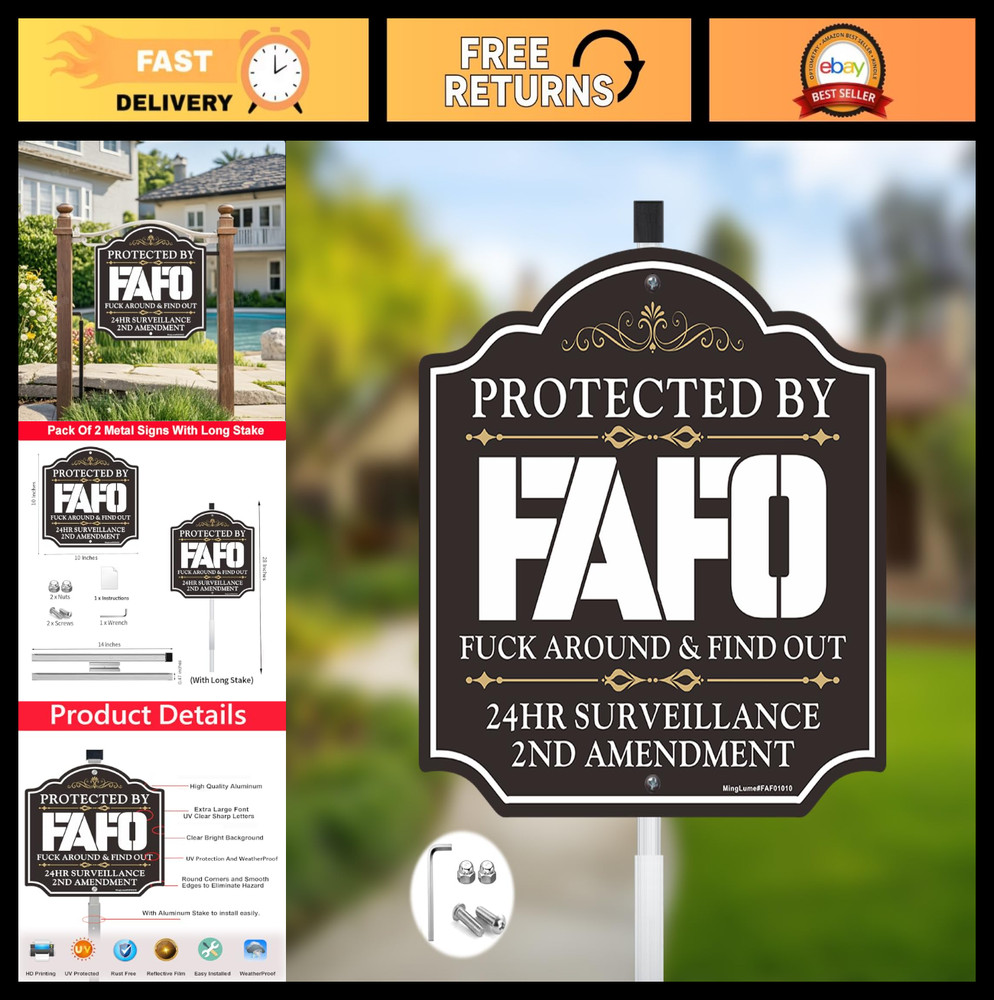 Protected by Security Sign - 2nd Amendment Warning Yard Sign with 28" Stake, Rus