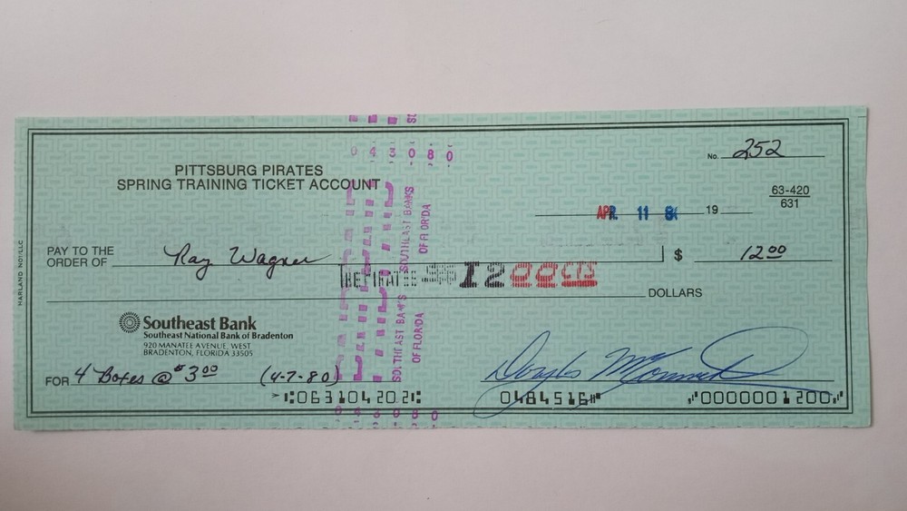 1980 Pirates (Spring Training Check) Bradenton, FL - Ray Wagner #252