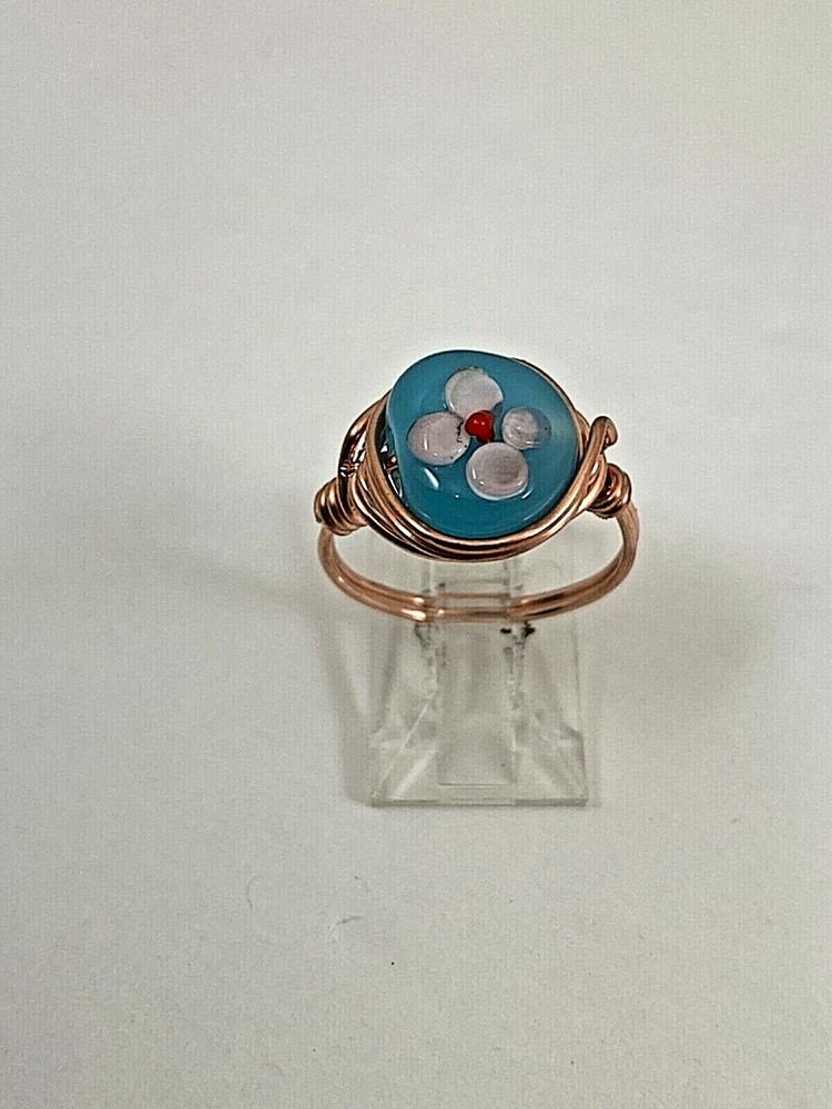 Handmade ~ Copper Wire Wrap ~ Glass Bead Ring Size 7   #69