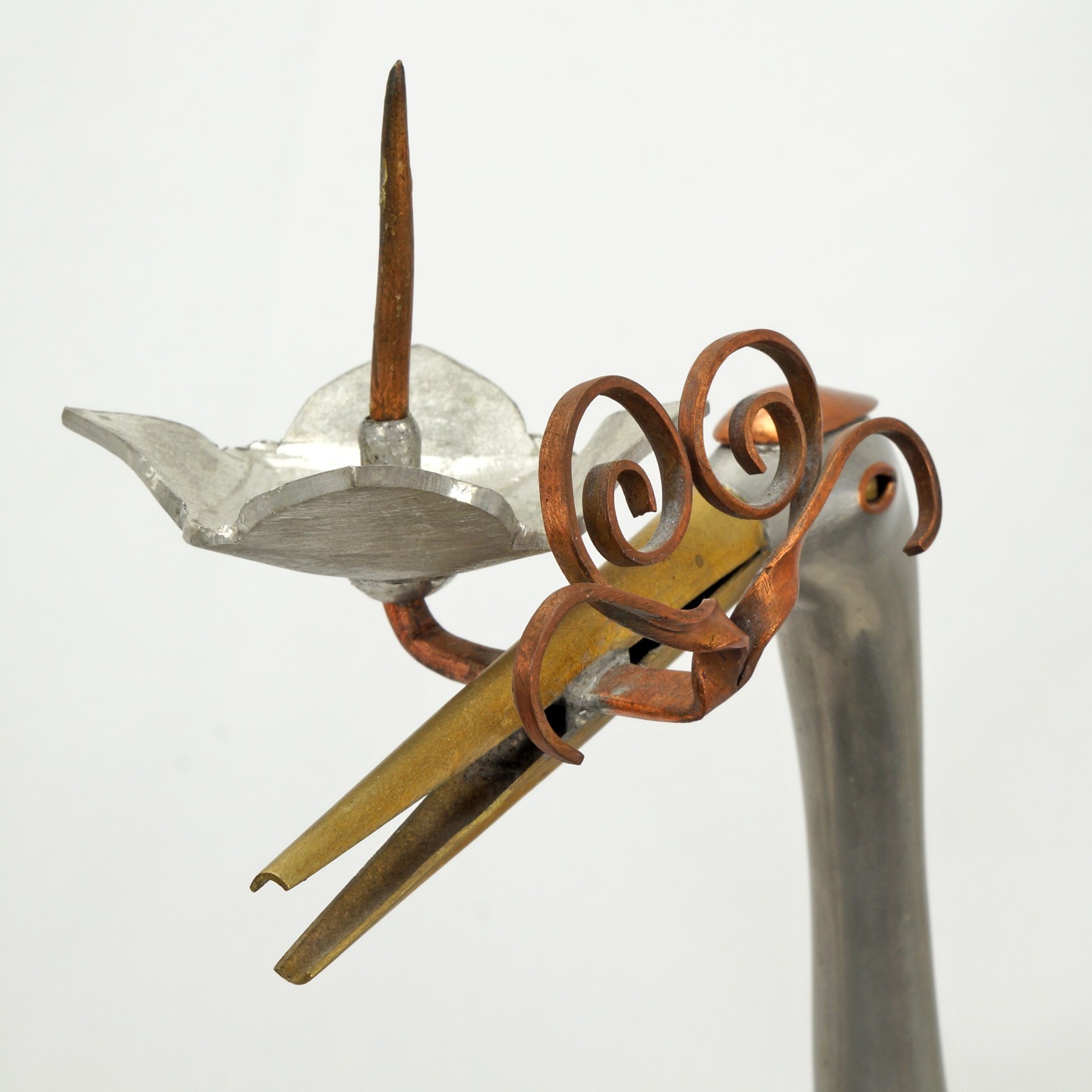 Pair Chinese Mixed-Metal Pewter Crane Sculptures Candlesticks