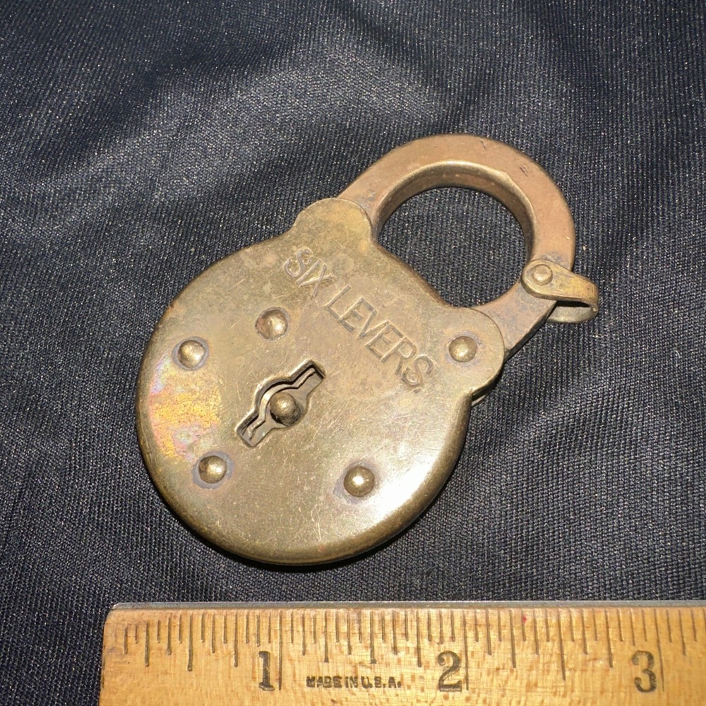 Antique Brass Padlock No Key. Six Levers