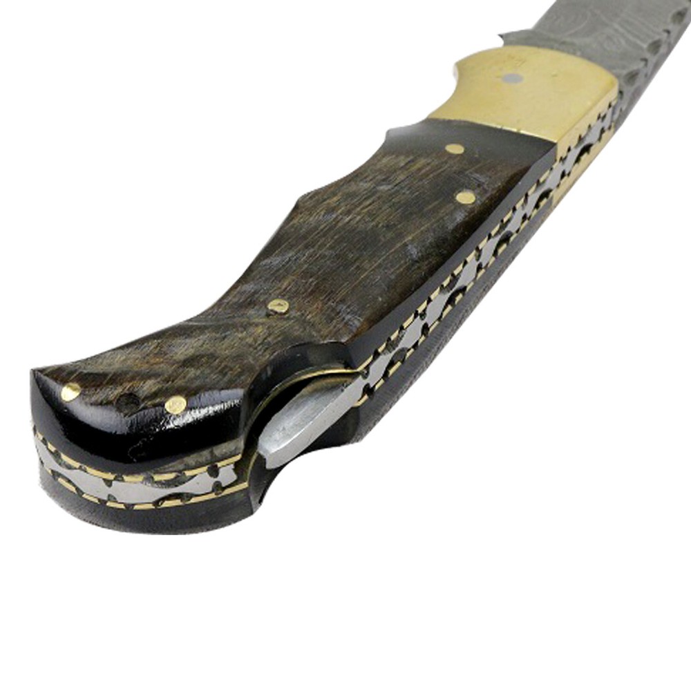 Genuine Damascus Lock Back Folder Lamb Horn Handle Knife Extensive Filework