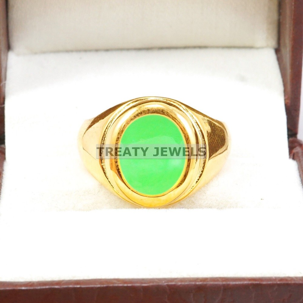 Jade Oval Cut With 14K Solid Yellow Gold Ring For Men's #B162